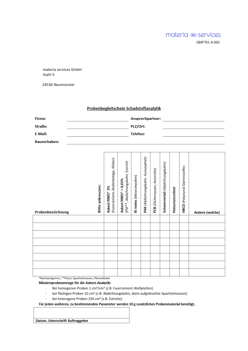 Probenbegleitschein Schadstoffanalytik