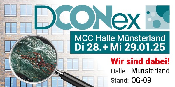 DCONex Banner mit Hinweis auf den Messestand der materia services GmbH